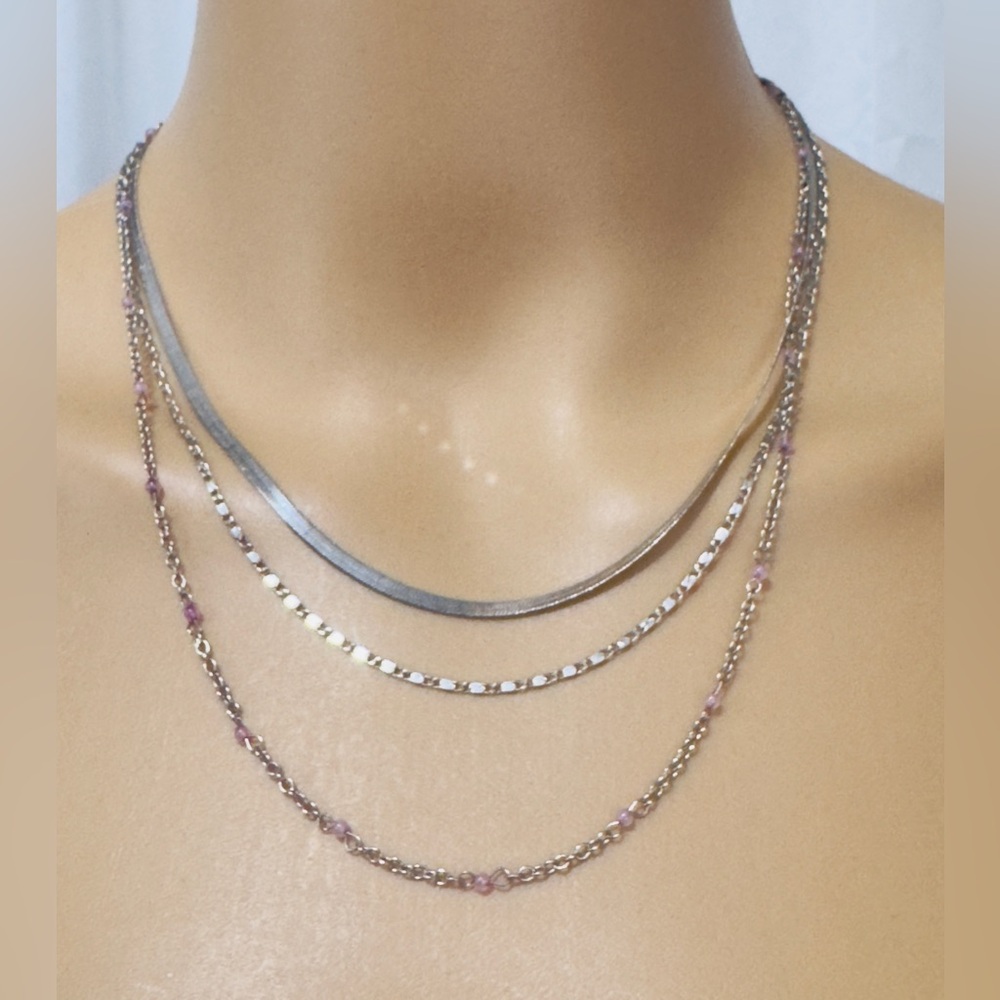 Free People Silver Triple-Strand Herringbone Chain 15-18”Layered Necklace NWT